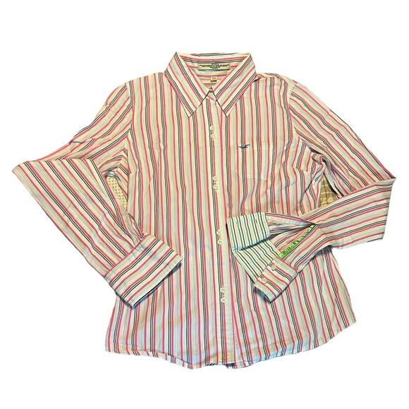 Hollister women’s White Pink Baby Blue fitted button down Medium - Picture 1 of 3